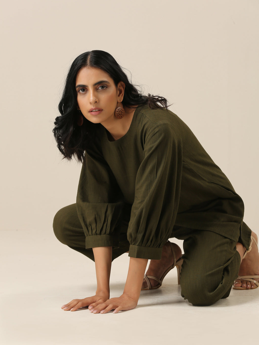 trueBrowns Olive Green Slub Texture Baggy Sleeve Co-Ord Set | Grocsy
