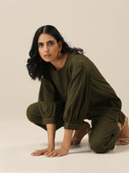 trueBrowns Olive Green Slub Texture Baggy Sleeve Co-Ord Set | Grocsy
