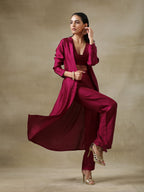trueBrowns Purple Textured Silk Overlay Jacket Blouse Pant Set | Grocsy