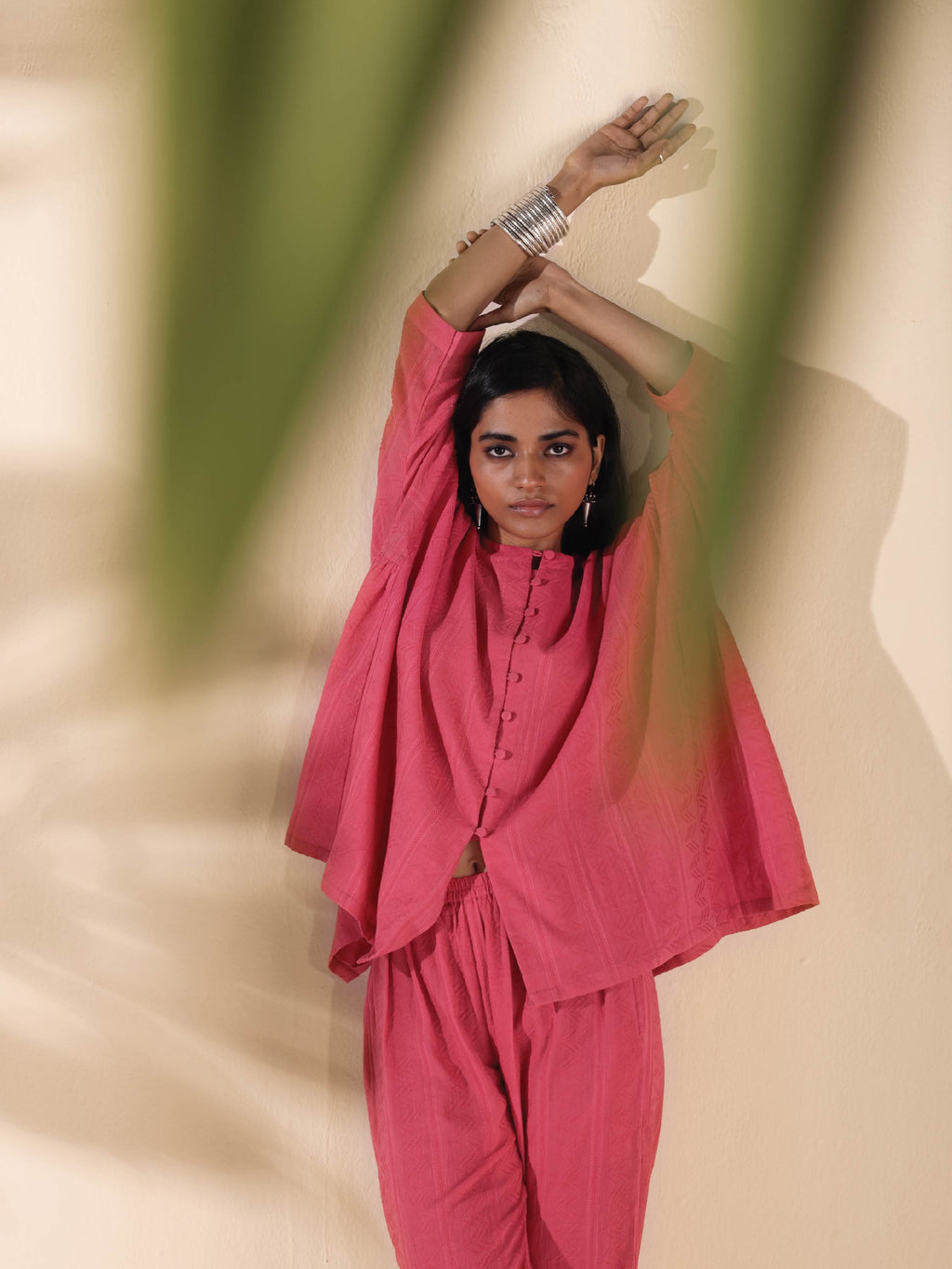 trueBrowns Pink Cotton Dobby Oversized Co-ord Set | Grocsy