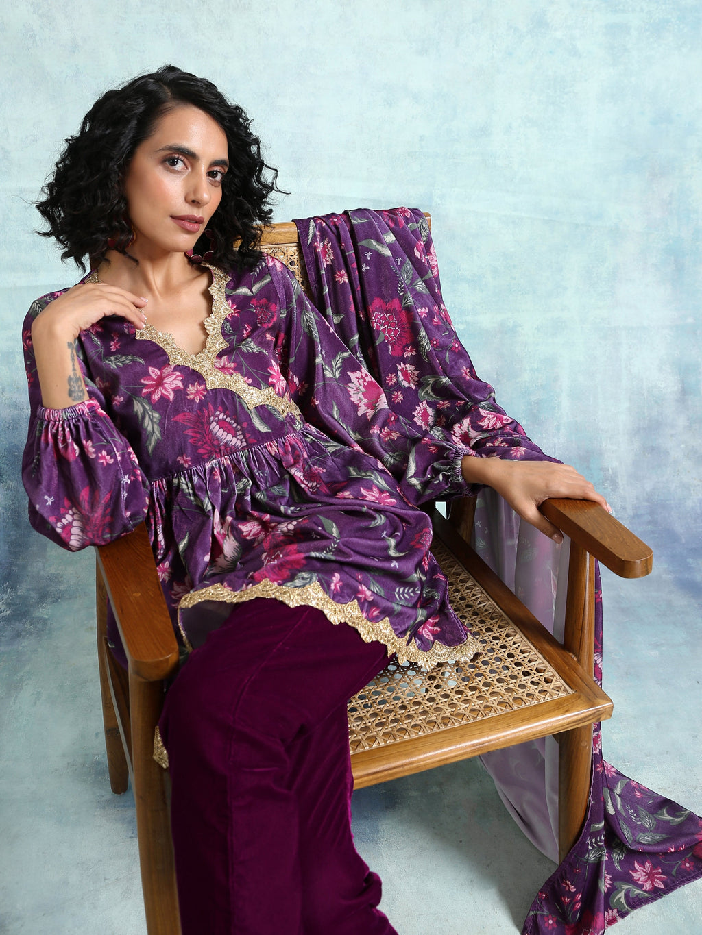 trueBrowns Wine Printed Velvet Lace Co-Ord Set | Grocsy
