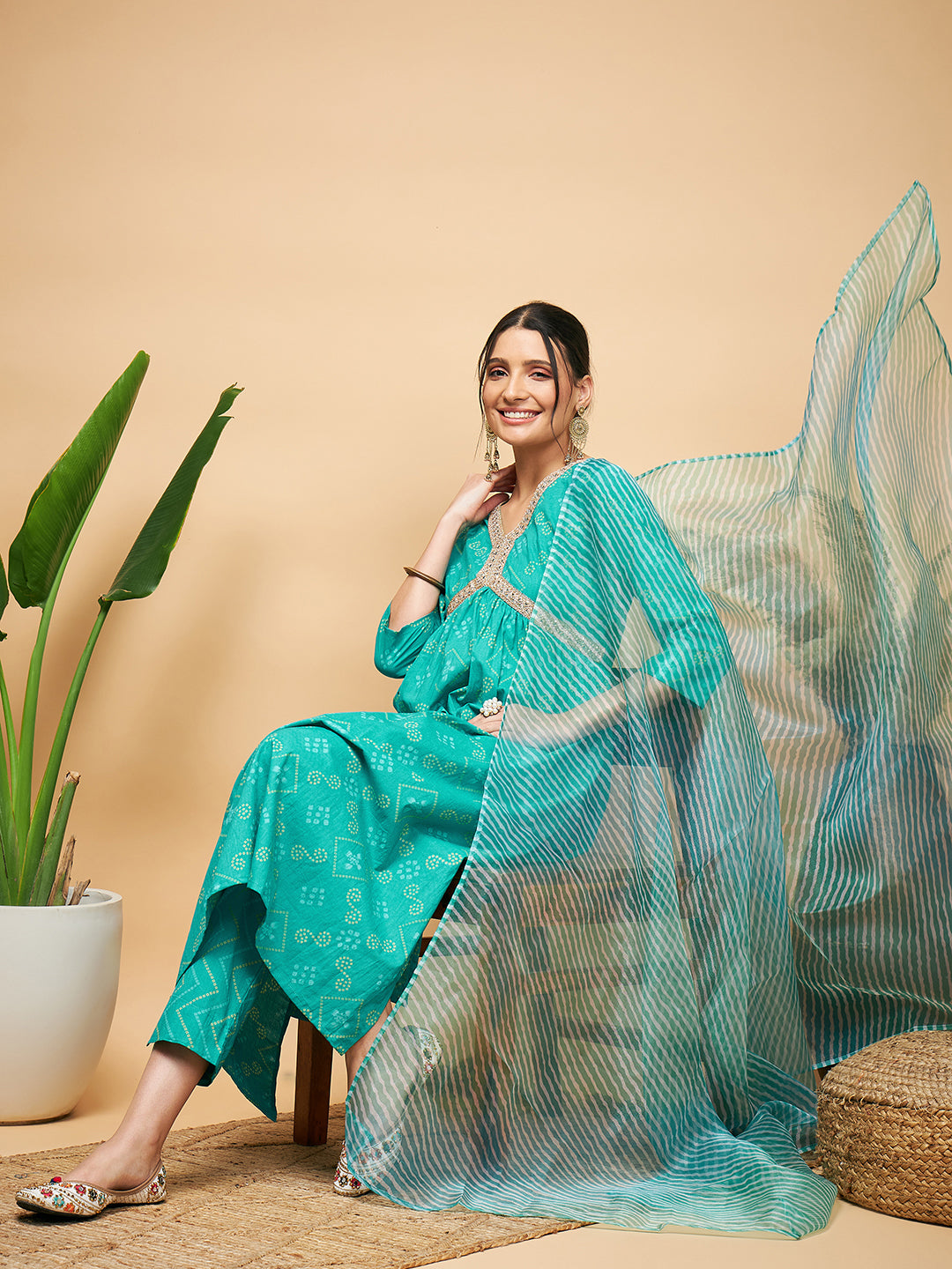 InWeave Women's Aqua S Print Alia Cut Gota Work Kurta Set W Aqua Le Du | Grocsy