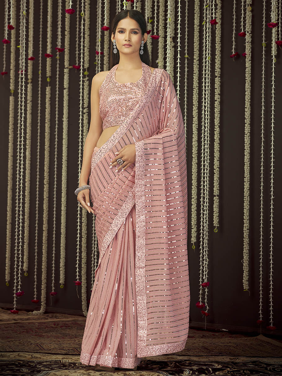 Myra Baby Pink Art Silk Heavy Embroidered Designer Saree | Grocsy