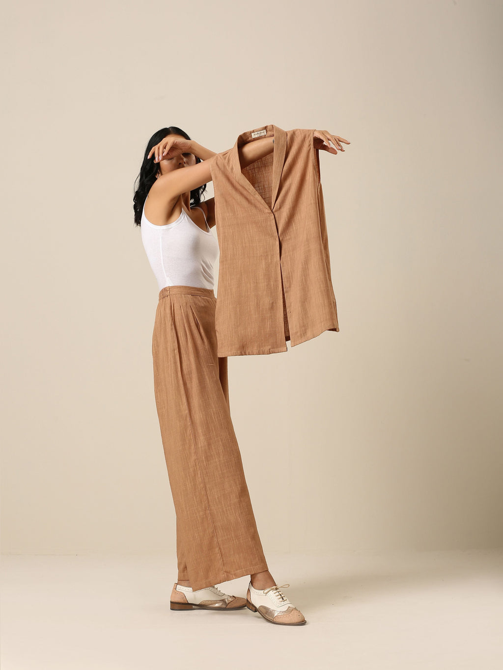 trueBrowns Beige Slub Texture Sleevesless Jacket Pant Set | Grocsy