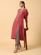 trueBrowns Cotton Linen Rust Red Kurta Pant Set | Grocsy
