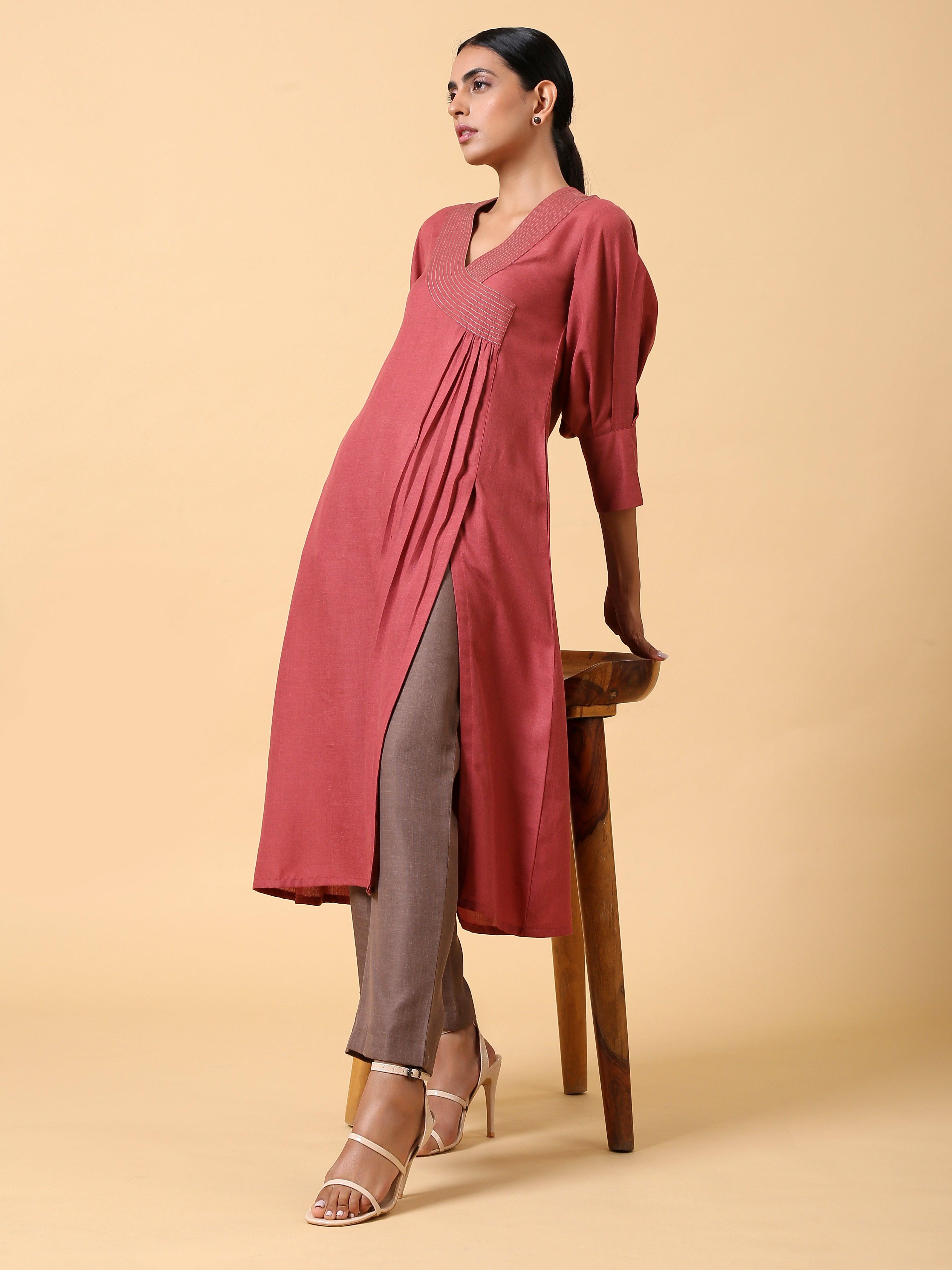 trueBrowns Cotton Linen Rust Red Kurta Pant Set | Grocsy