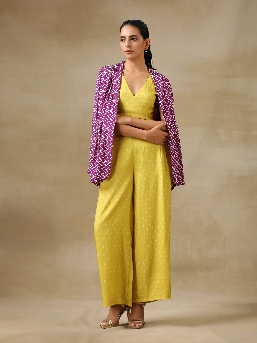 trueBrowns Lime Green Bandhani Printed Silk Top Pant with Purple Printed Jacket Set | Grocsy