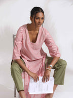 trueBrowns Red Cotton Stripe Straight Kurta Set | Grocsy