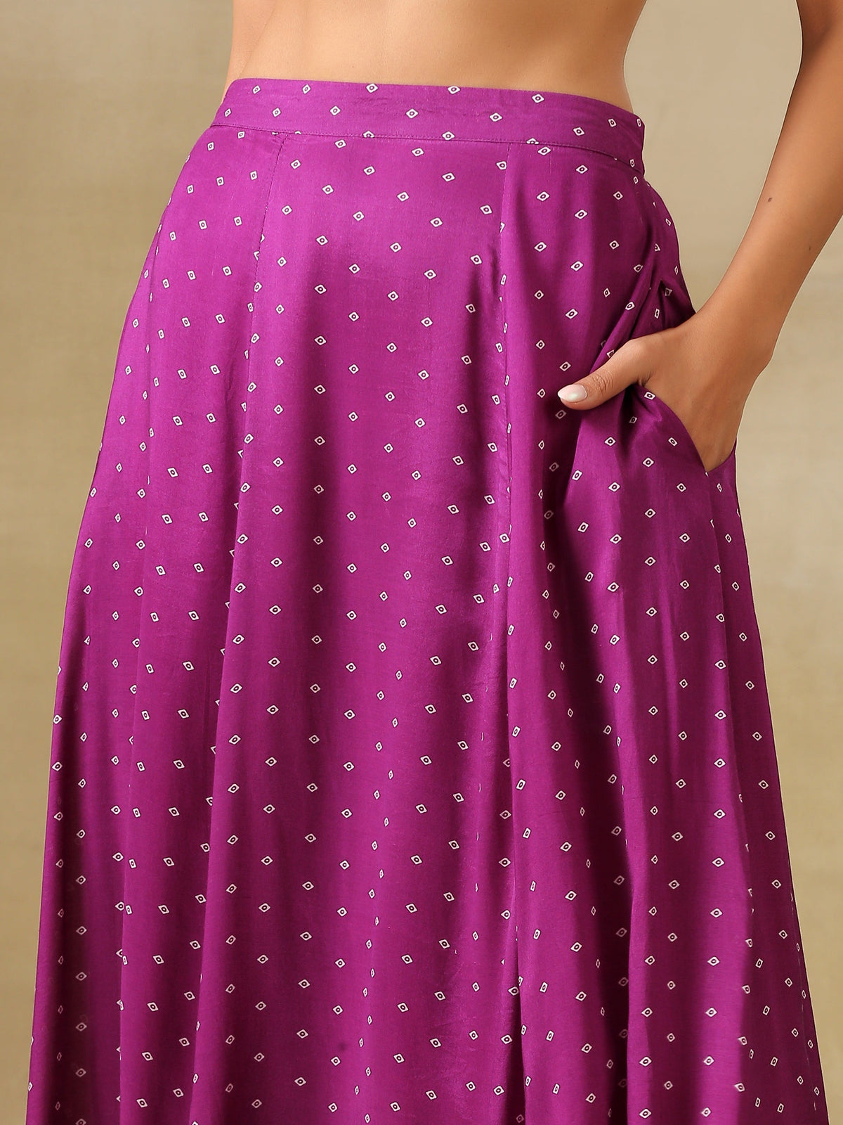 trueBrowns Purple Bandhani Printed Silk Top Skirt Jacket Set | Grocsy