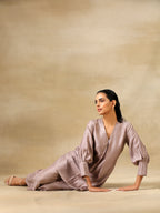 trueBrowns Grey Textured Silk Neck Pleat Co-Ord Set | Grocsy