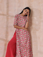 trueBrowns Pink Brown Overall Floral On White Block Print Cotton Slit Kurta Pant Set | Grocsy
