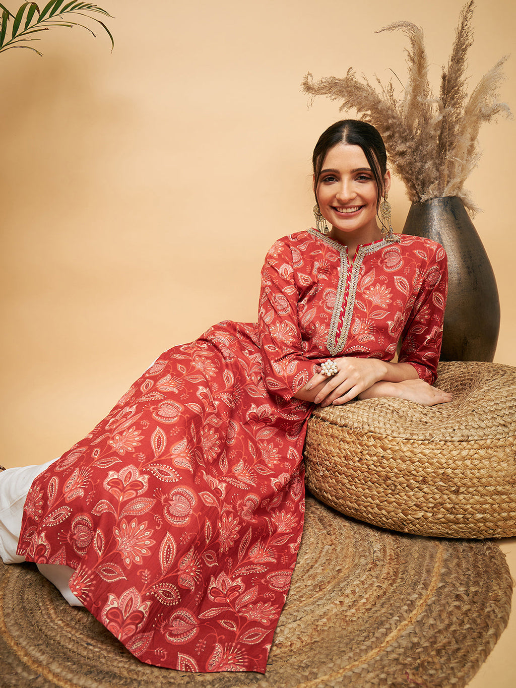InWeave Women's Rust Paisley Print Gota Straight Kurta | Grocsy