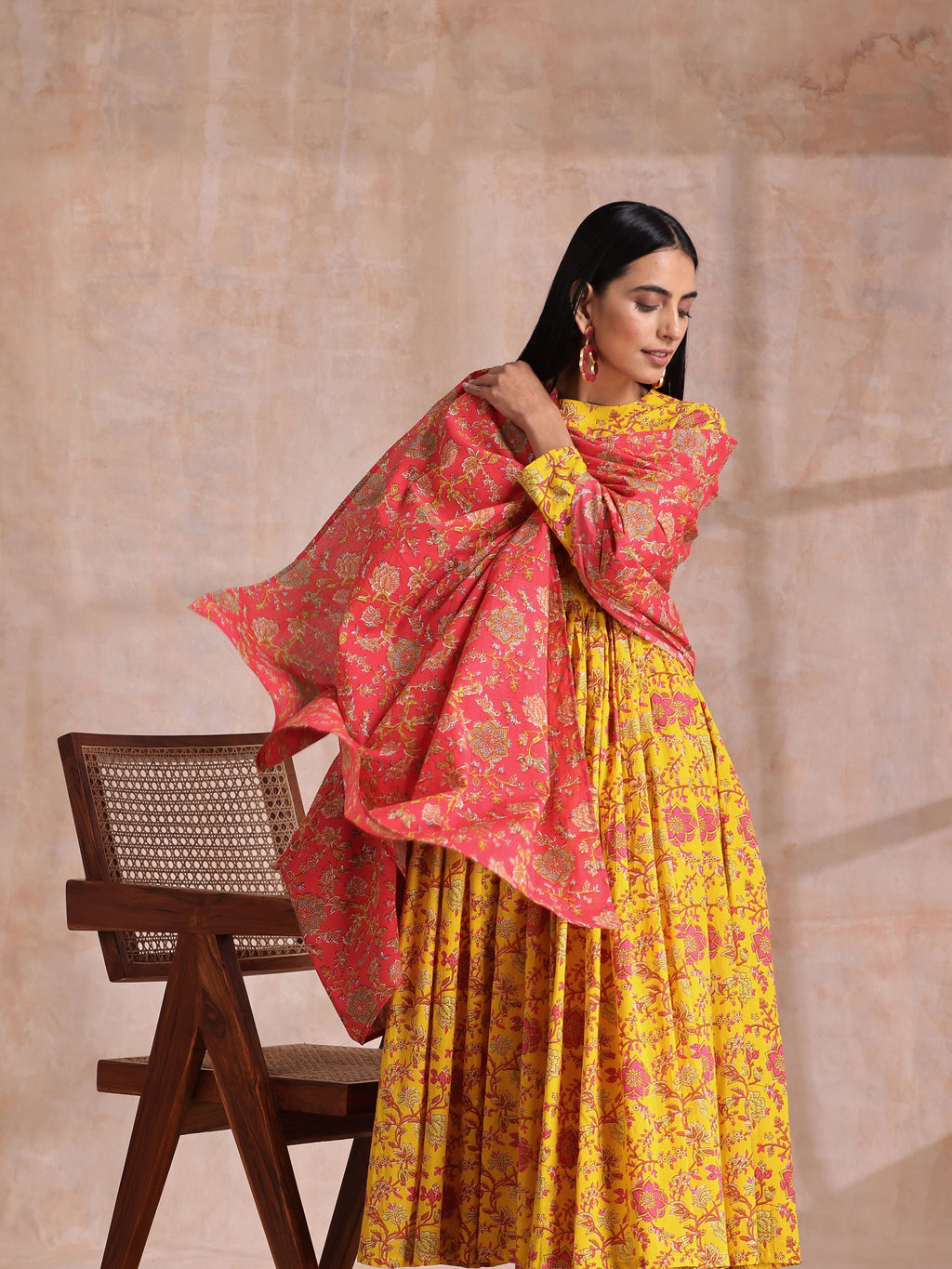 trueBrowns Sunshine Yellow Overall Floral Block Print Cotton Kurta Pant Dupatta Set | Grocsy