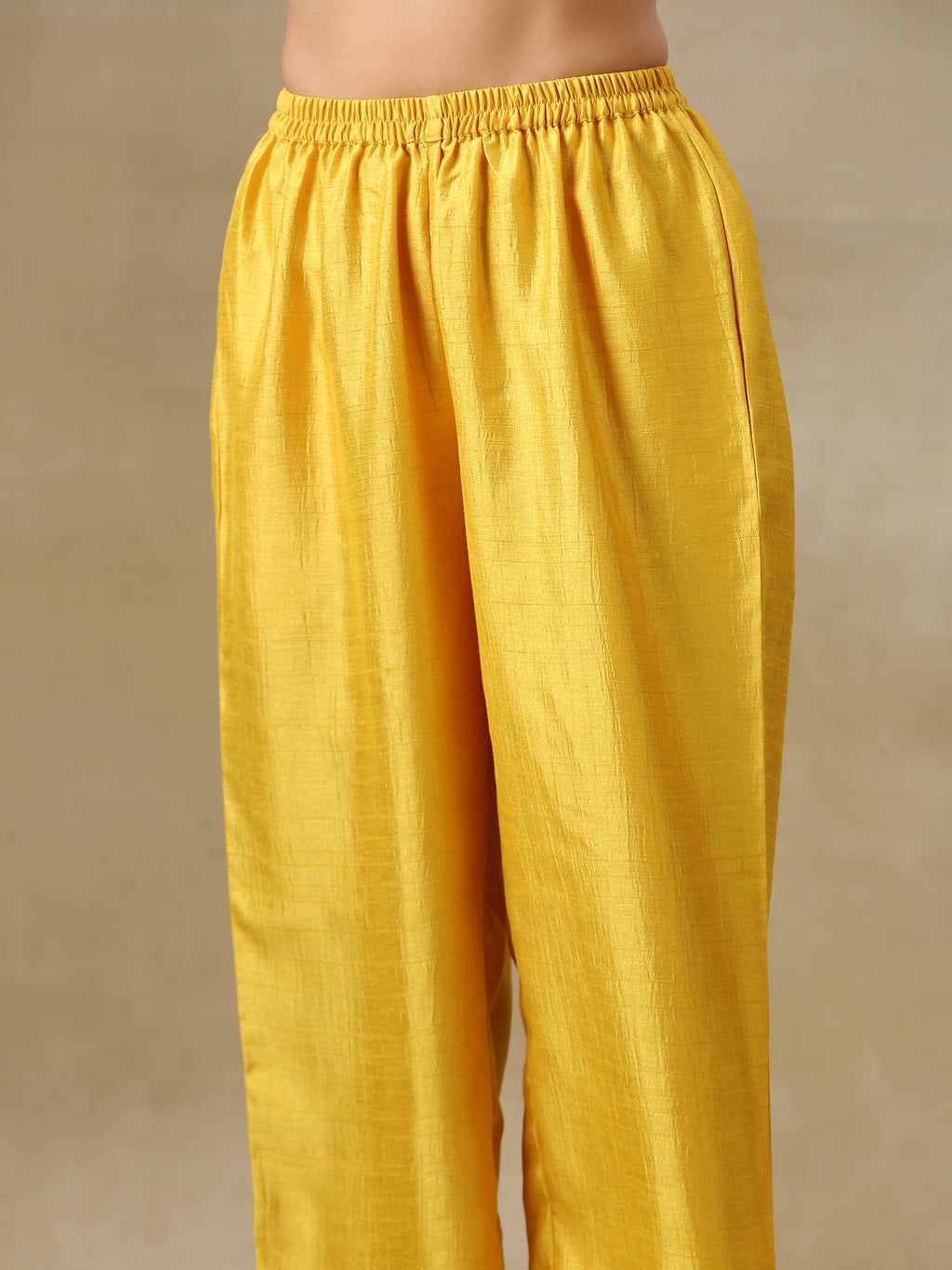 trueBrowns Yellow Textured Silk High Slit Gathered Kurta Set | Grocsy