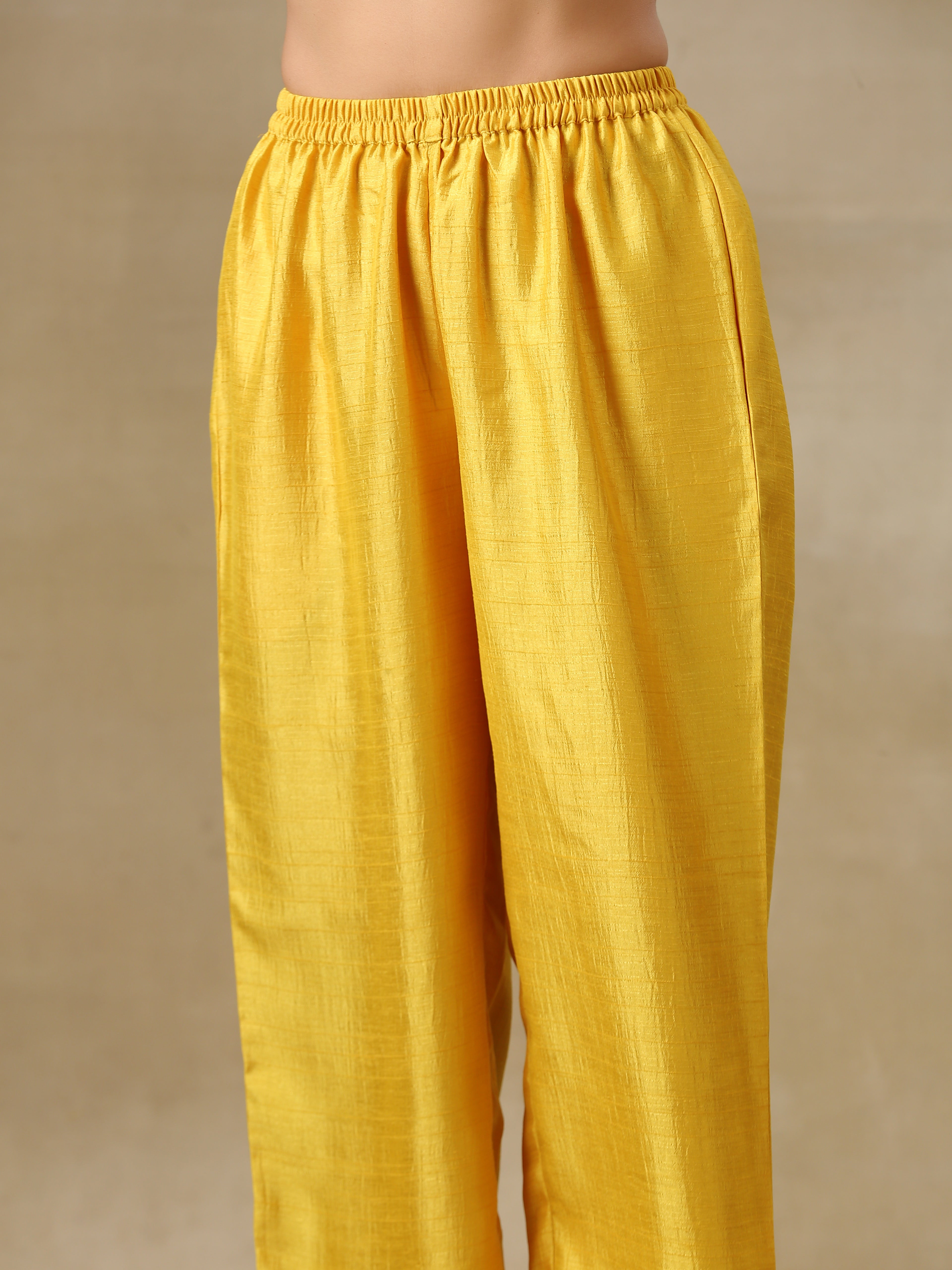 trueBrowns Yellow Textured Silk High Slit Gathered Kurta Set | Grocsy