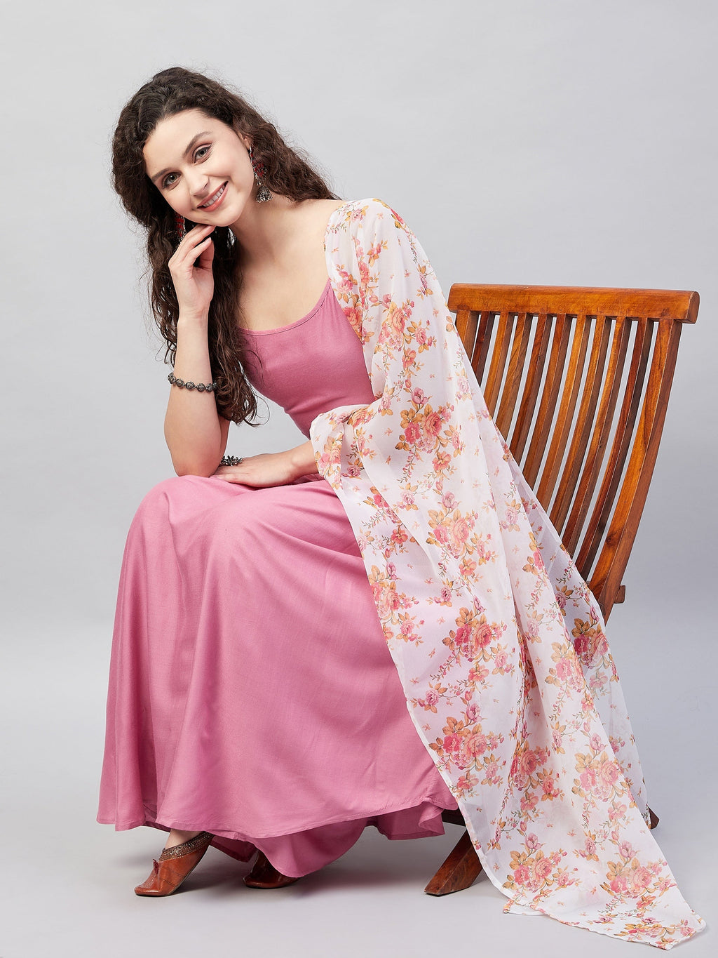 InWeave Women's Light Pink Strappy Set W Cream Orange Print Ge Dupatta | Grocsy