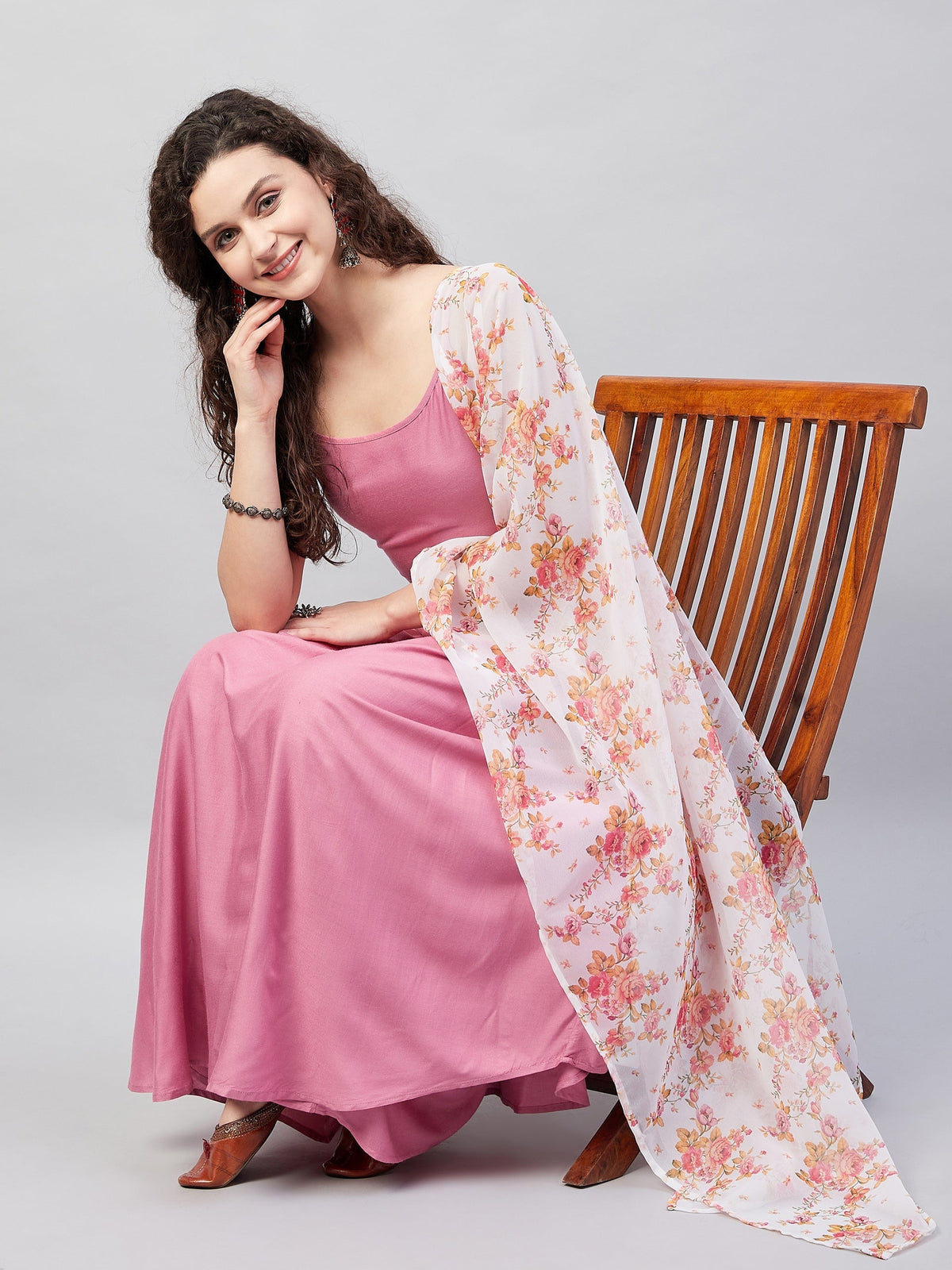 InWeave Women's Light Pink Strappy Set W Cream Orange Print Ge Dupatta | Grocsy