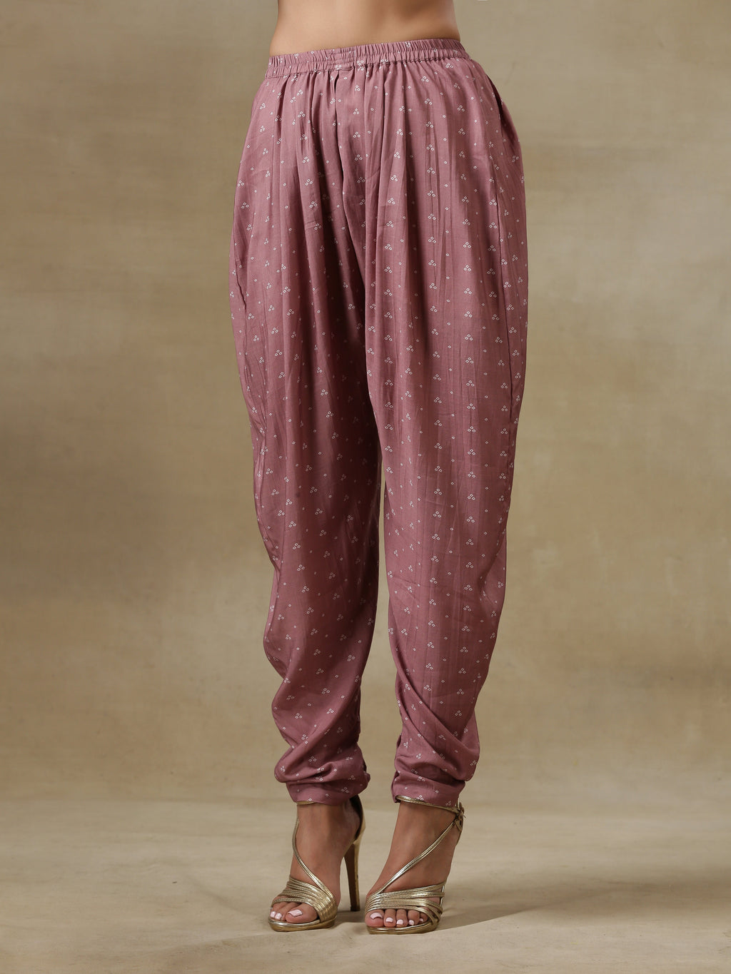 trueBrowns Dark Mauve Bandhani Printed Silk Loose Kurta Dhoti Pant Set | Grocsy