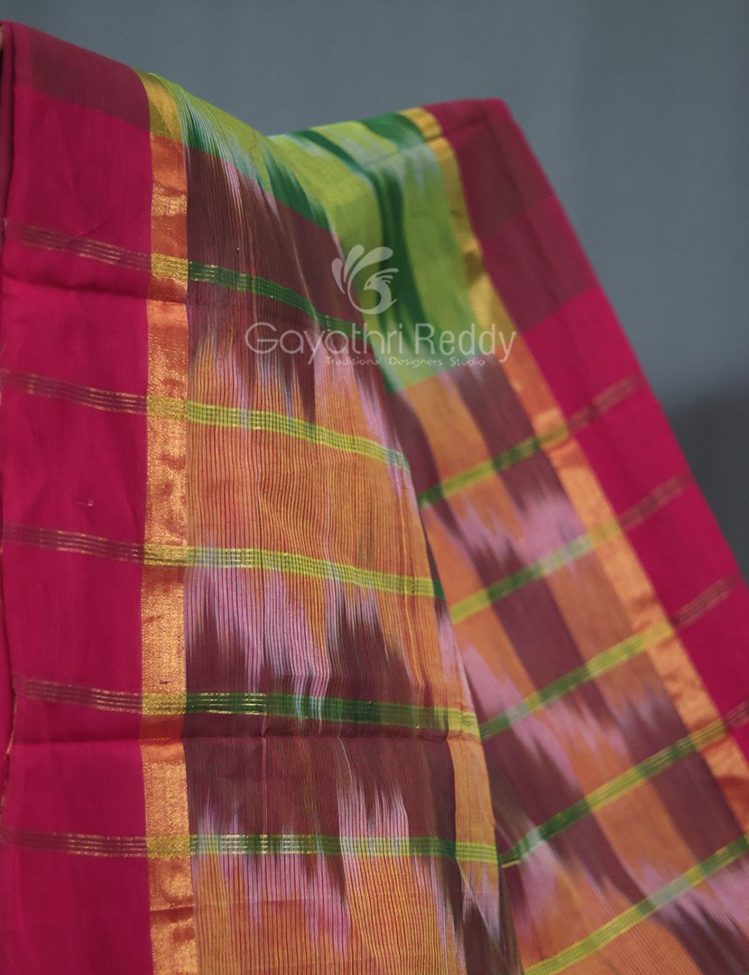 Dual Shades of Parrot Green And Mango Green Mangalagiri Ikkat Cotton Saree By Gayathri Reddy Designer Studio | Grocsy