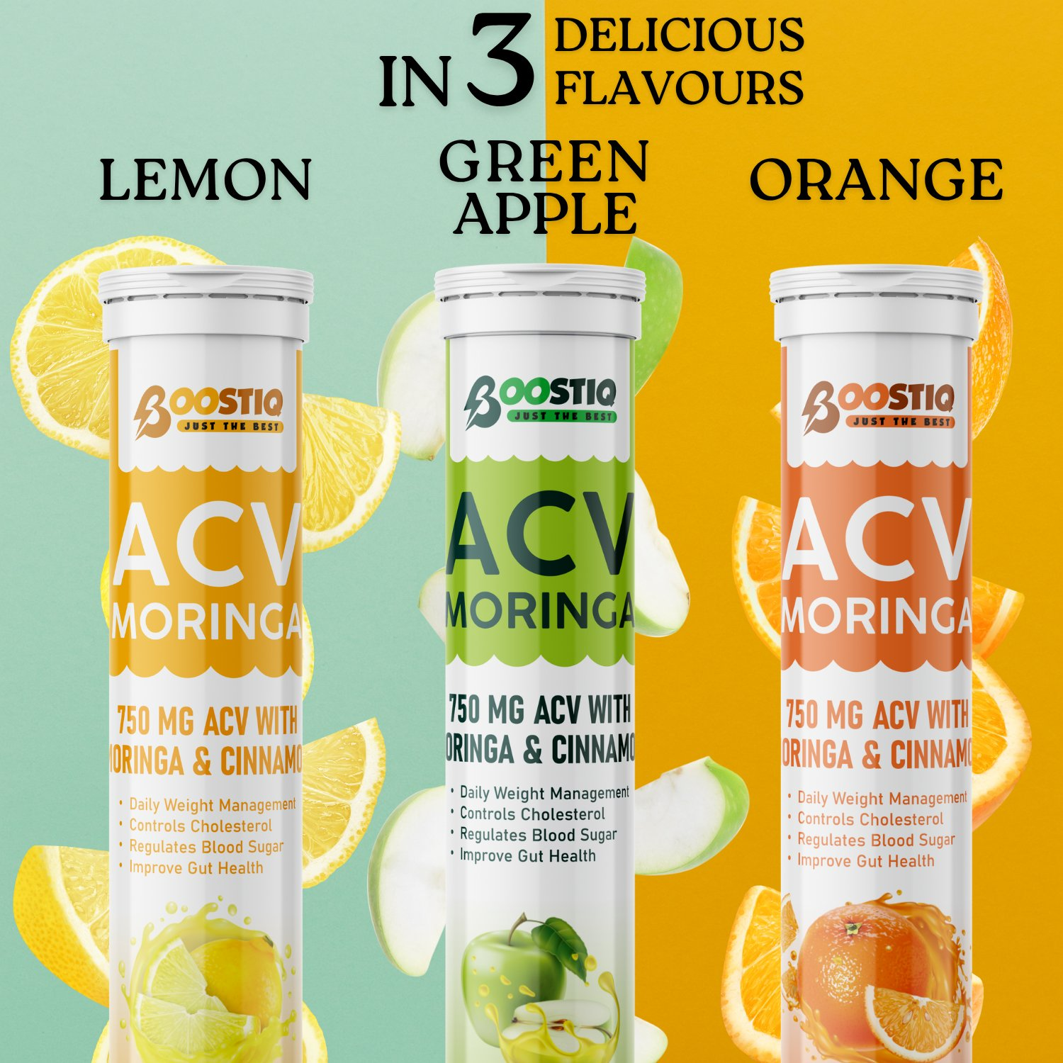 BOOSTIQ ACV Moringa & Cinnamon Effervescent Tablets - Lemon Flavour | Grocsy