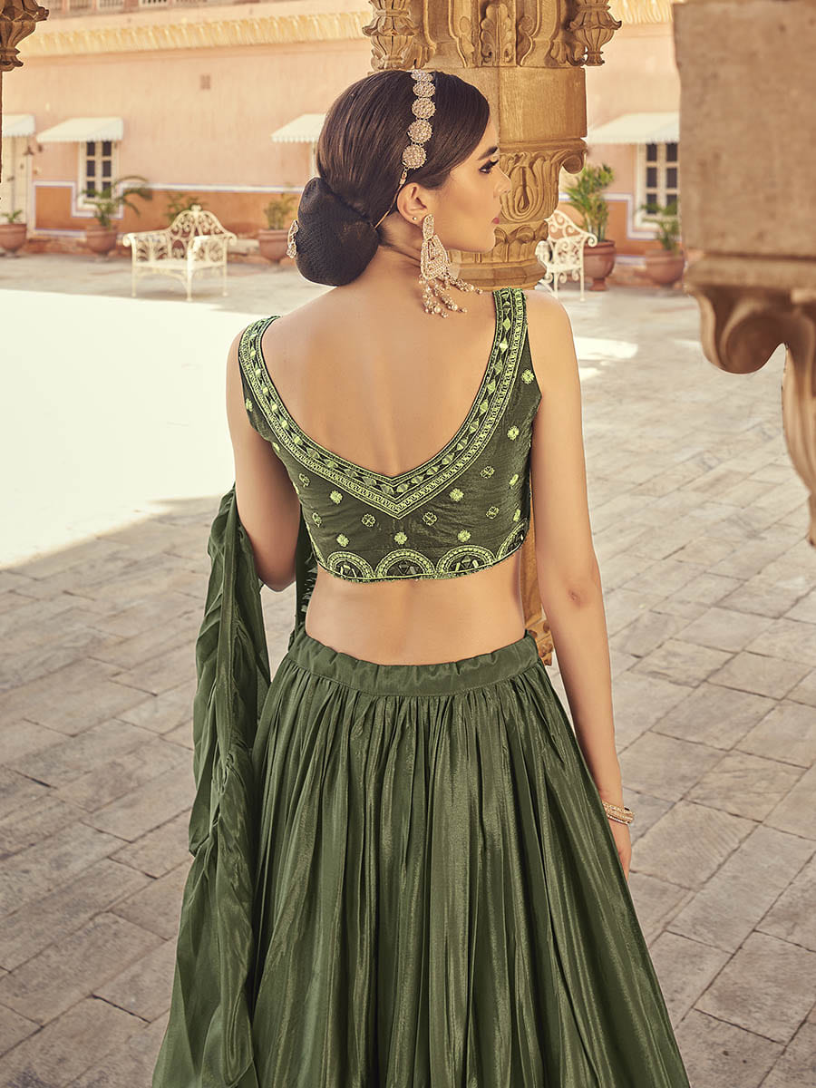 Myra Olive Chinon & Art SIlk Embroidered Designer Lehenga Choli | Grocsy