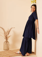 InWeave Women's Royal Blue Chikankari Kurta Set With Sharara | Grocsy