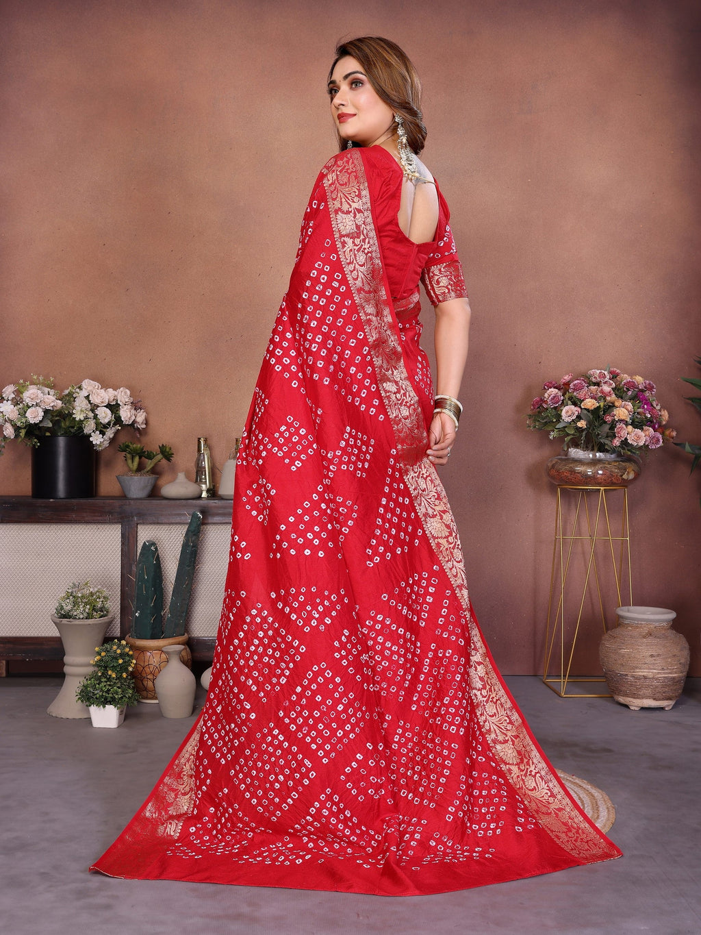 Anaita Red Handmade Bandhej Viscose Silk Saree With Blouse | Grocsy