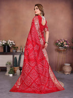 Anaita Red Handmade Bandhej Viscose Silk Saree With Blouse | Grocsy
