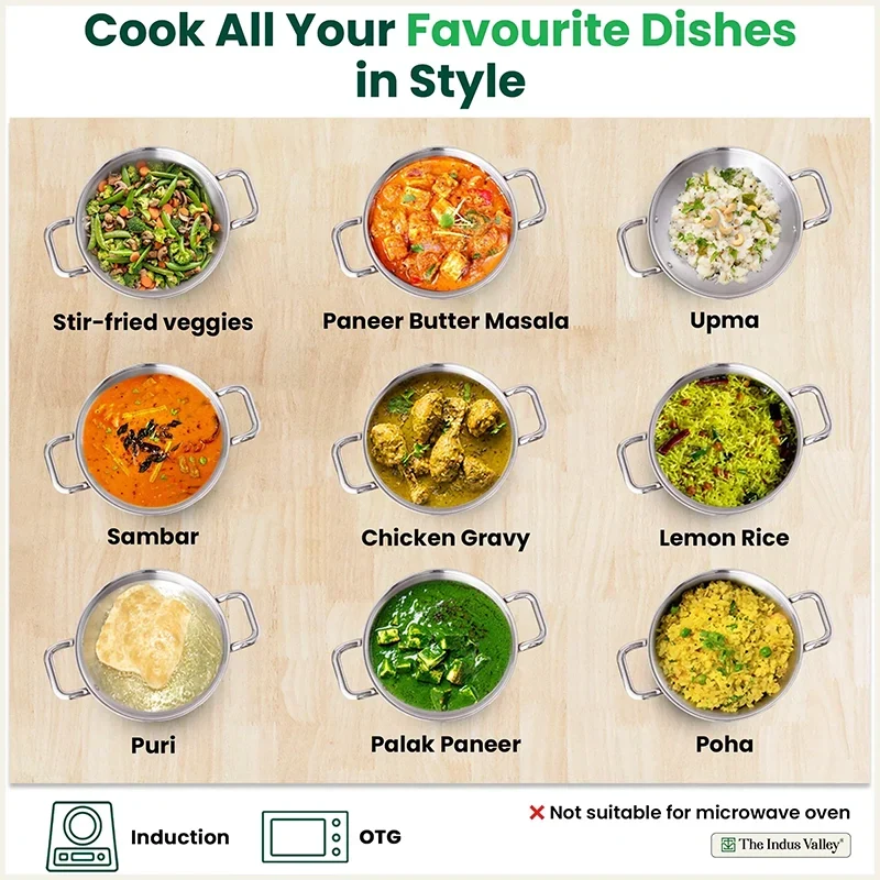 The Indus Valley TurboCuk Tri-ply Stainless Steel Kadai, Premium Quality, 3 Layer Thick Body, 100% Toxin-free, Non-stick, Induction & Gas, Free ₹110 Spatula, 1.7/2.7/3.5L | Grocsy
