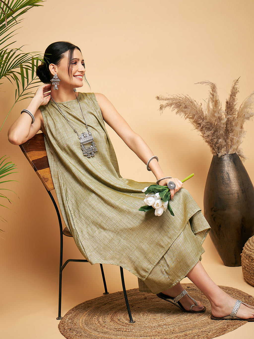 InWeave Women's Olive Lurex Short Pallazo Kurta Set | Grocsy