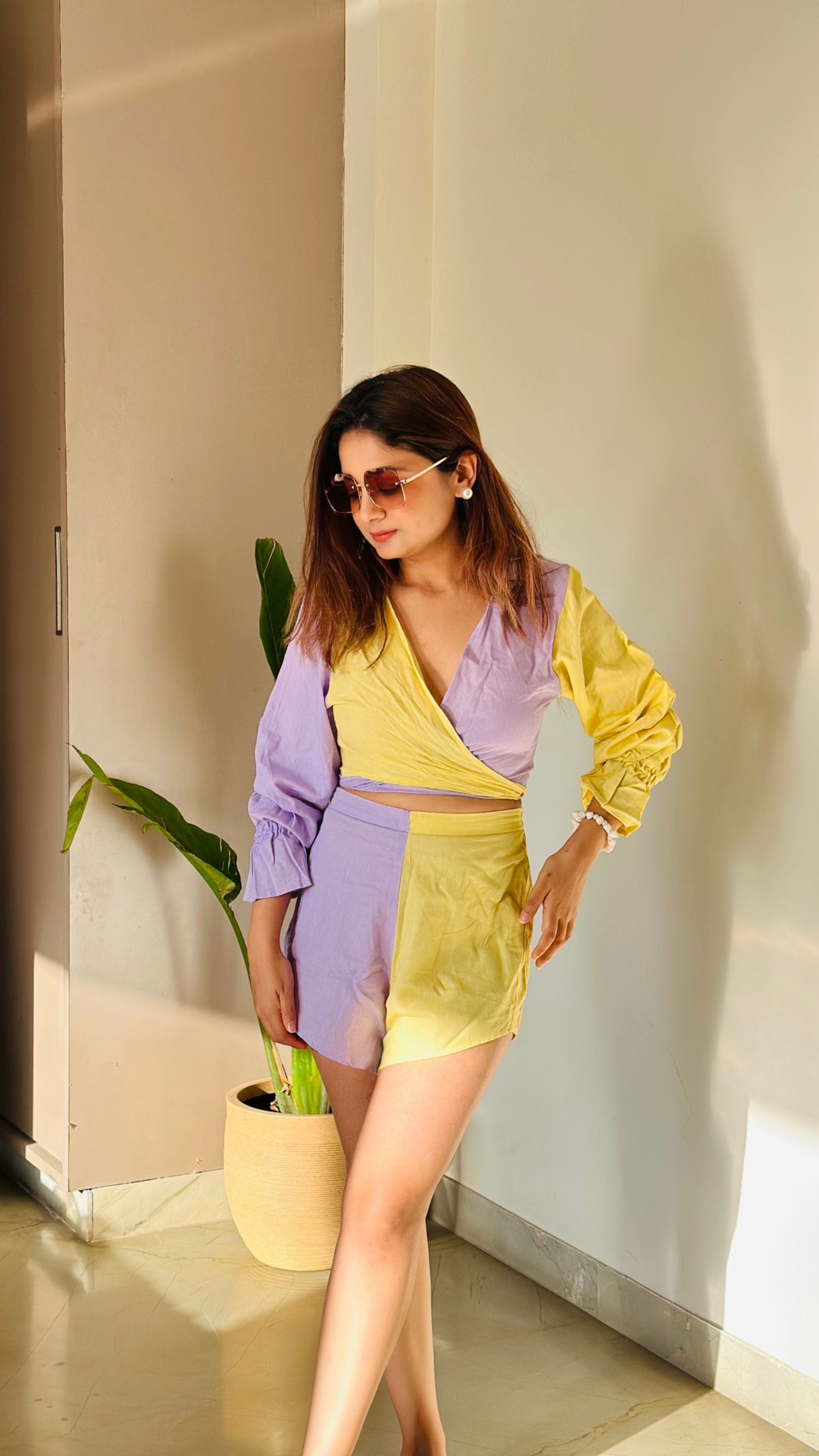Noroke Sustainable fabric | Linen Cotton Front Tie Linen Co-Ord Set Women - Purple Yellow | Grocsy