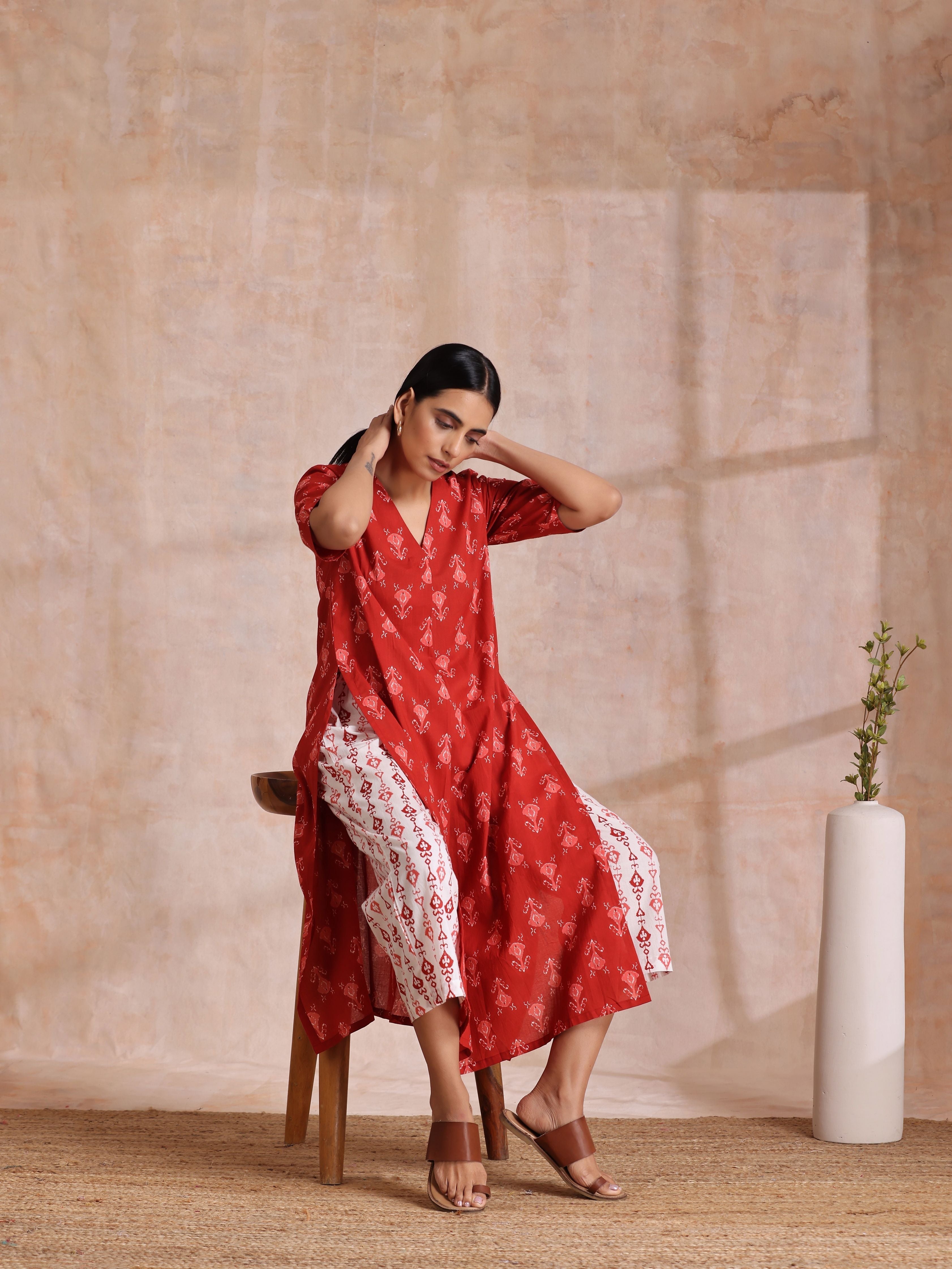 trueBrowns Red On Red Ikat Print Cotton Kurta Pant Set | Grocsy