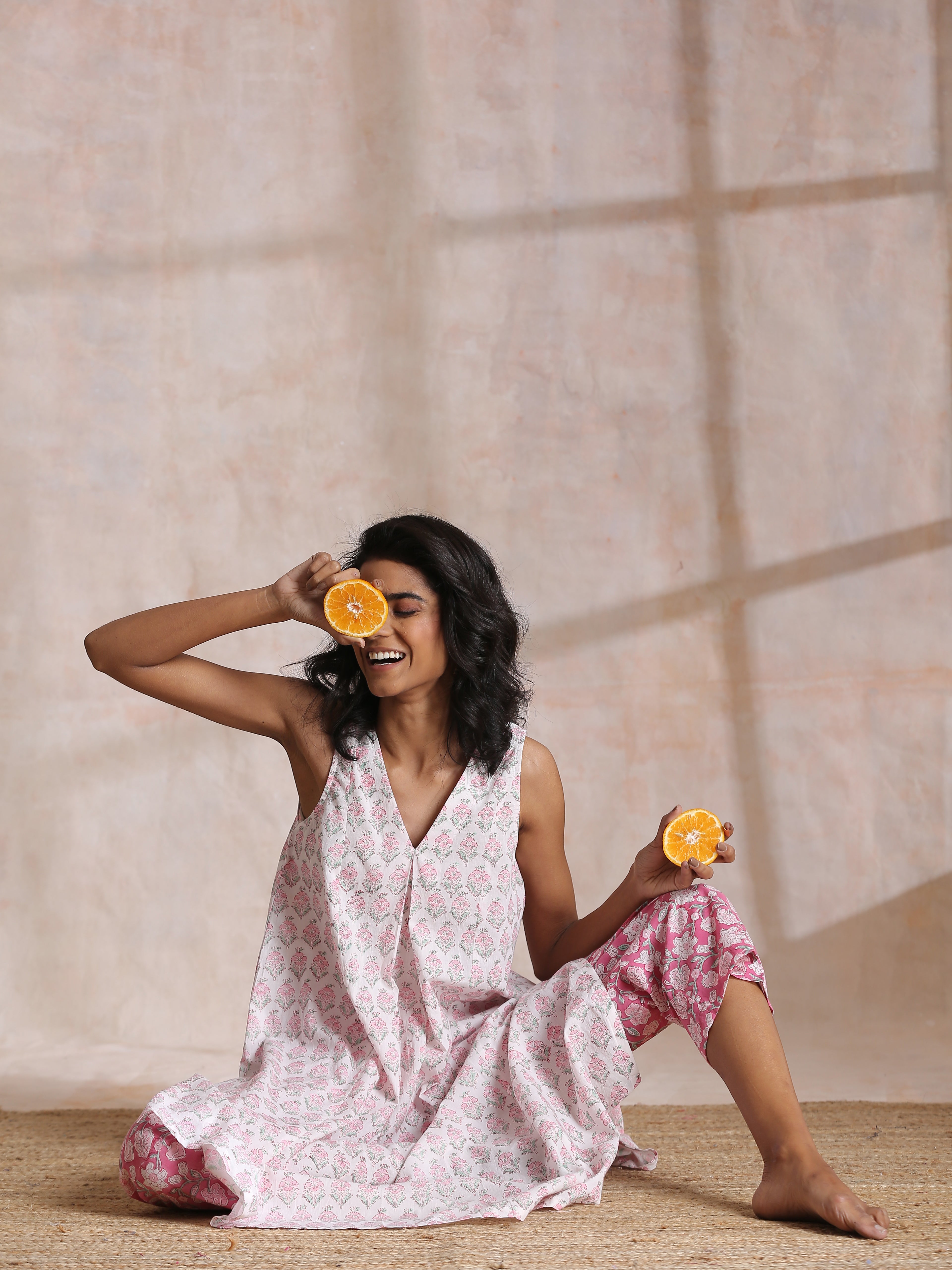 trueBrowns Pink Green Floral On White Block Print Cotton Sleeveless Flared Kurta Pant Set | Grocsy