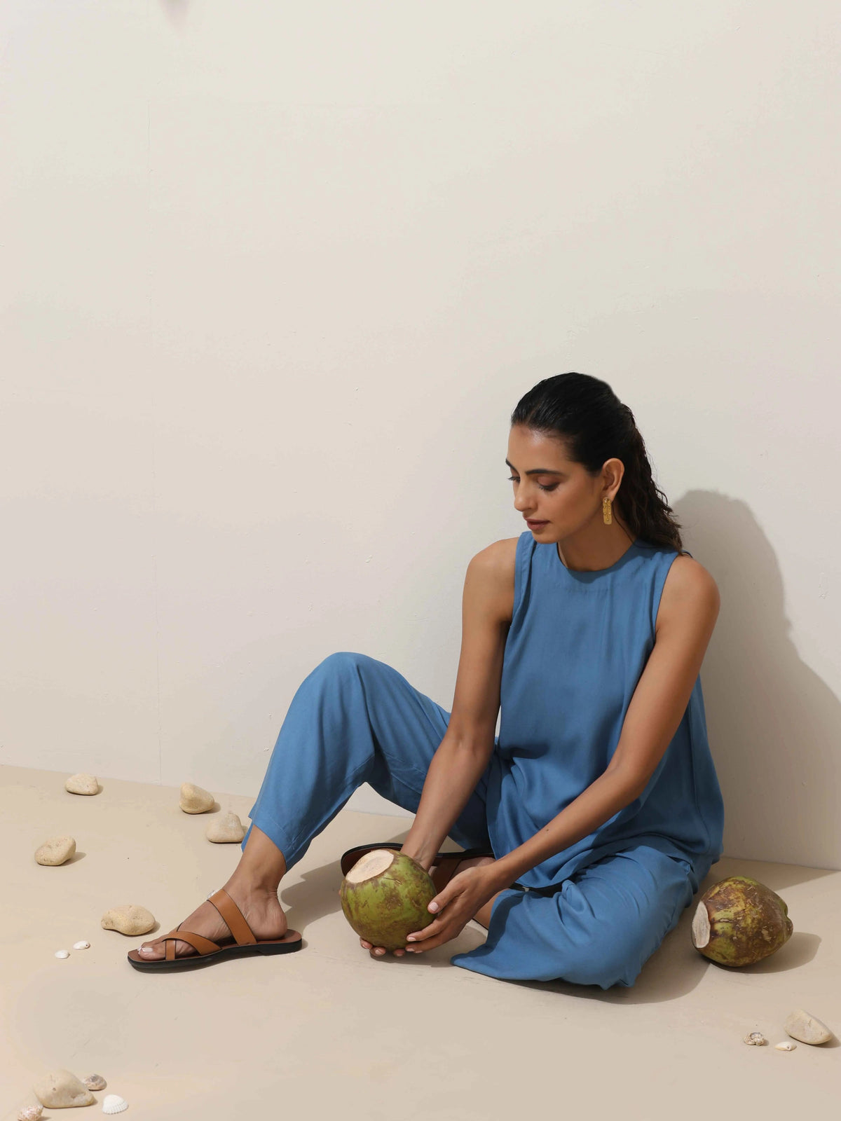 trueBrowns Blue Viscose Solid Co-ord Set | Grocsy
