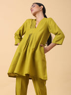 trueBrowns Cotton Linen Lime Green Pleated Co-Ord Set | Grocsy