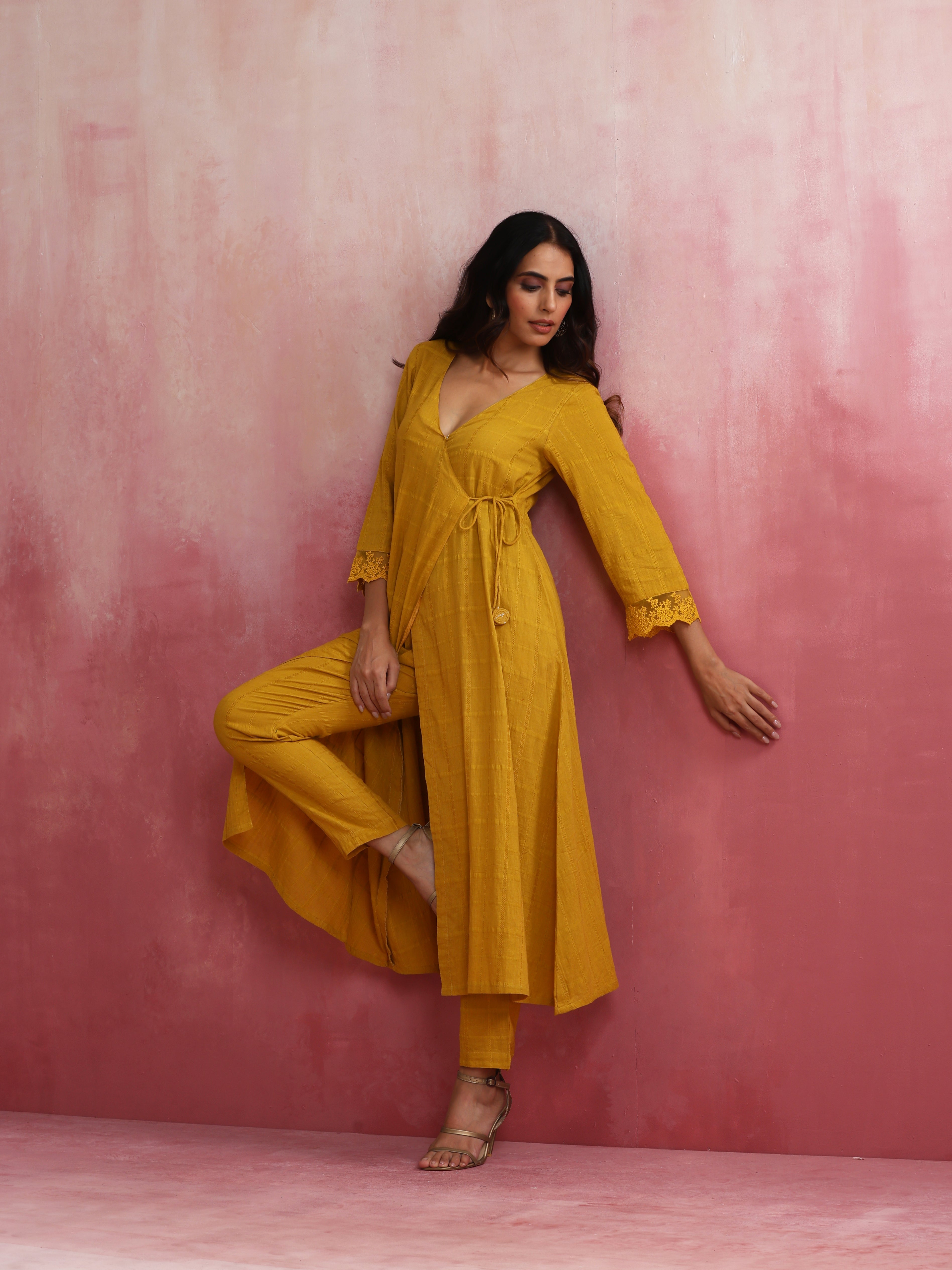trueBrowns Mustard Cotton Dobby Kurta Set | Grocsy