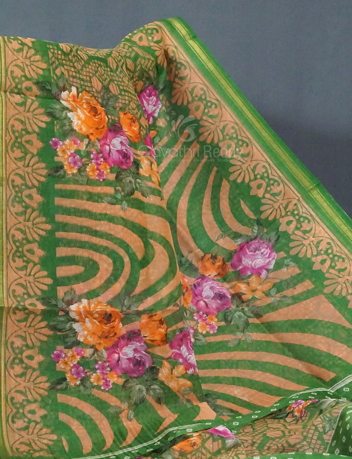 Shades of Parrot Green Colour Floral Design Semi Chanderi Saree By Gayathri Reddy Designer Studio | Grocsy