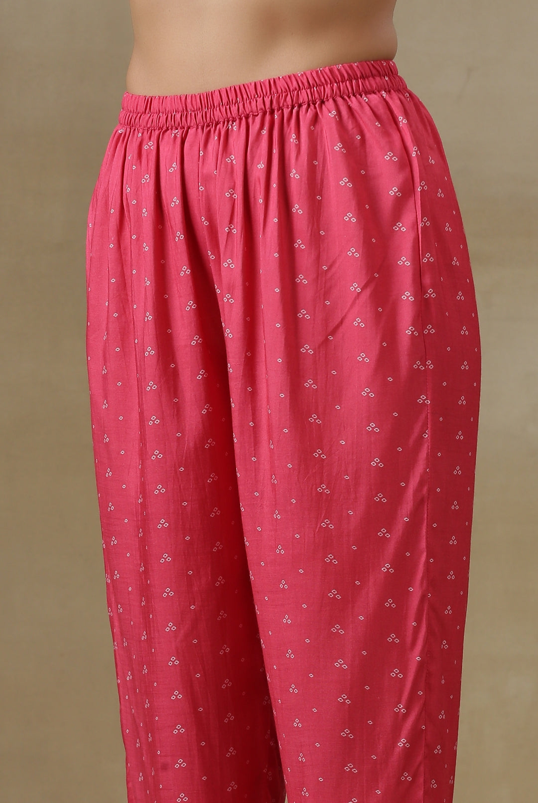 trueBrowns Pink Bandhani Printed Silk Gathered Sleeve Co-Ord Set | Grocsy