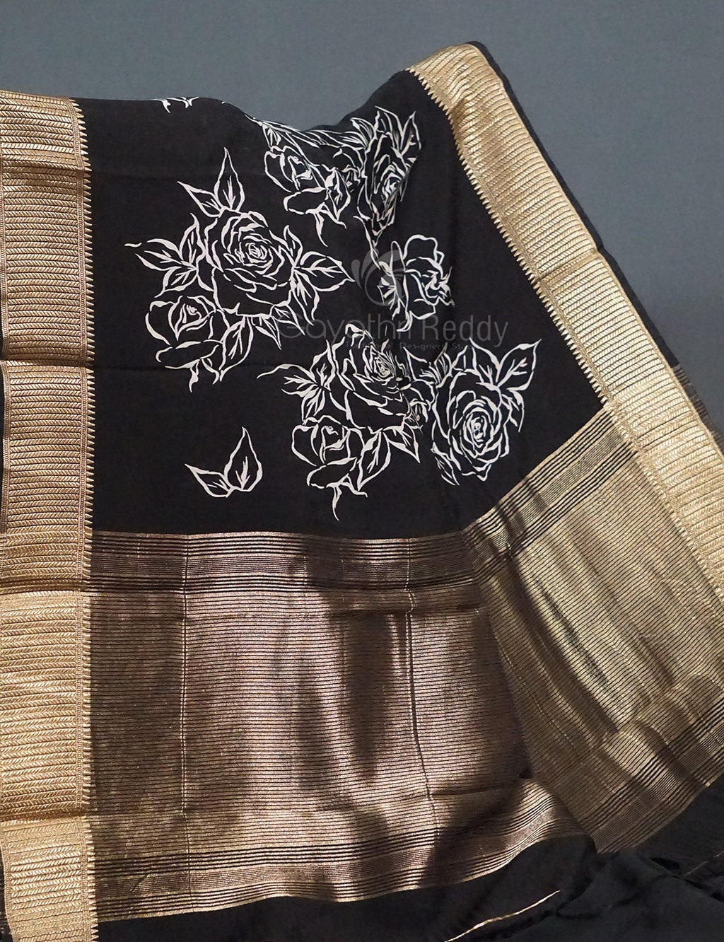 Shades of Black Floral Screen Dola Silk Saree By Gayathri Reddy Designer Studio | Grocsy