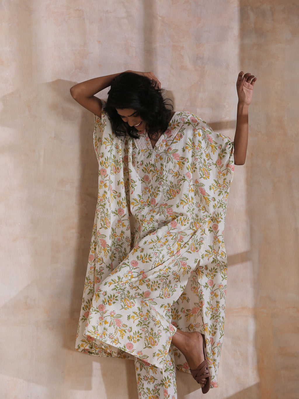 trueBrowns Pink Yellow Floral On White Block Print Cotton Panel Kaftan Kurta Pant Set | Grocsy