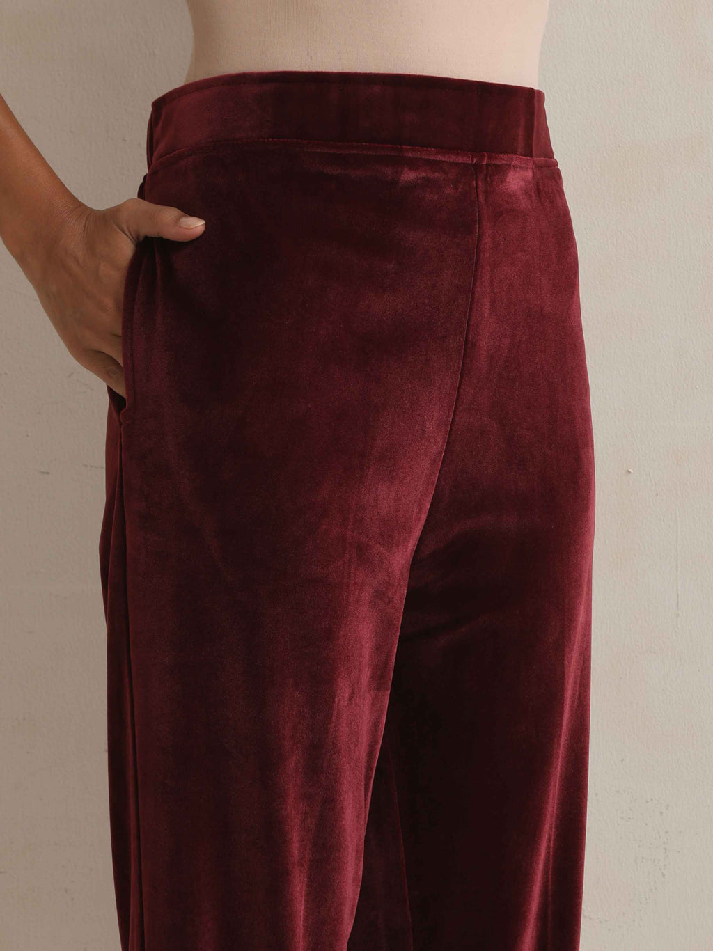 trueBrowns Maroon Velvet Floral Embroidered Kurta Pant Dupatta Set | Grocsy
