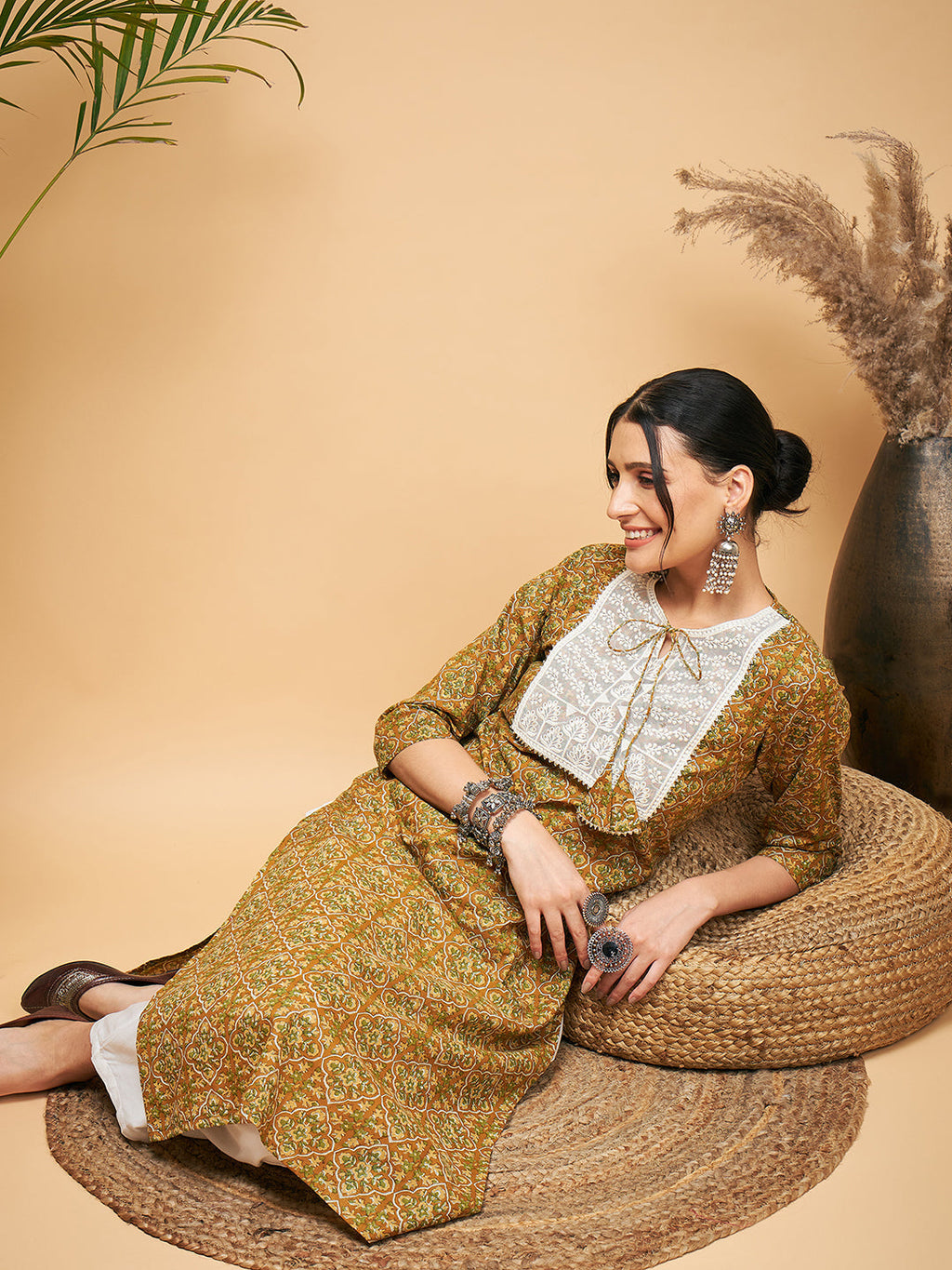 InWeave Women's Olive Ajrakh Print Cotton Patch Work Straight Kurta Pant Set | Grocsy