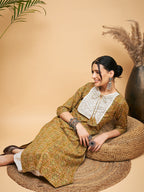 InWeave Women's Olive Ajrakh Print Cotton Patch Work Straight Kurta Pant Set | Grocsy