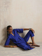 trueBrowns Blue Silk High Slit Kurta Set | Grocsy