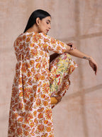 trueBrowns Red Overall Floral On White Cotton Block Print Kurta Pant Set | Grocsy