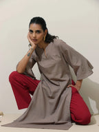 trueBrowns Grey Cotton Linen Kurta Pant Set | Grocsy