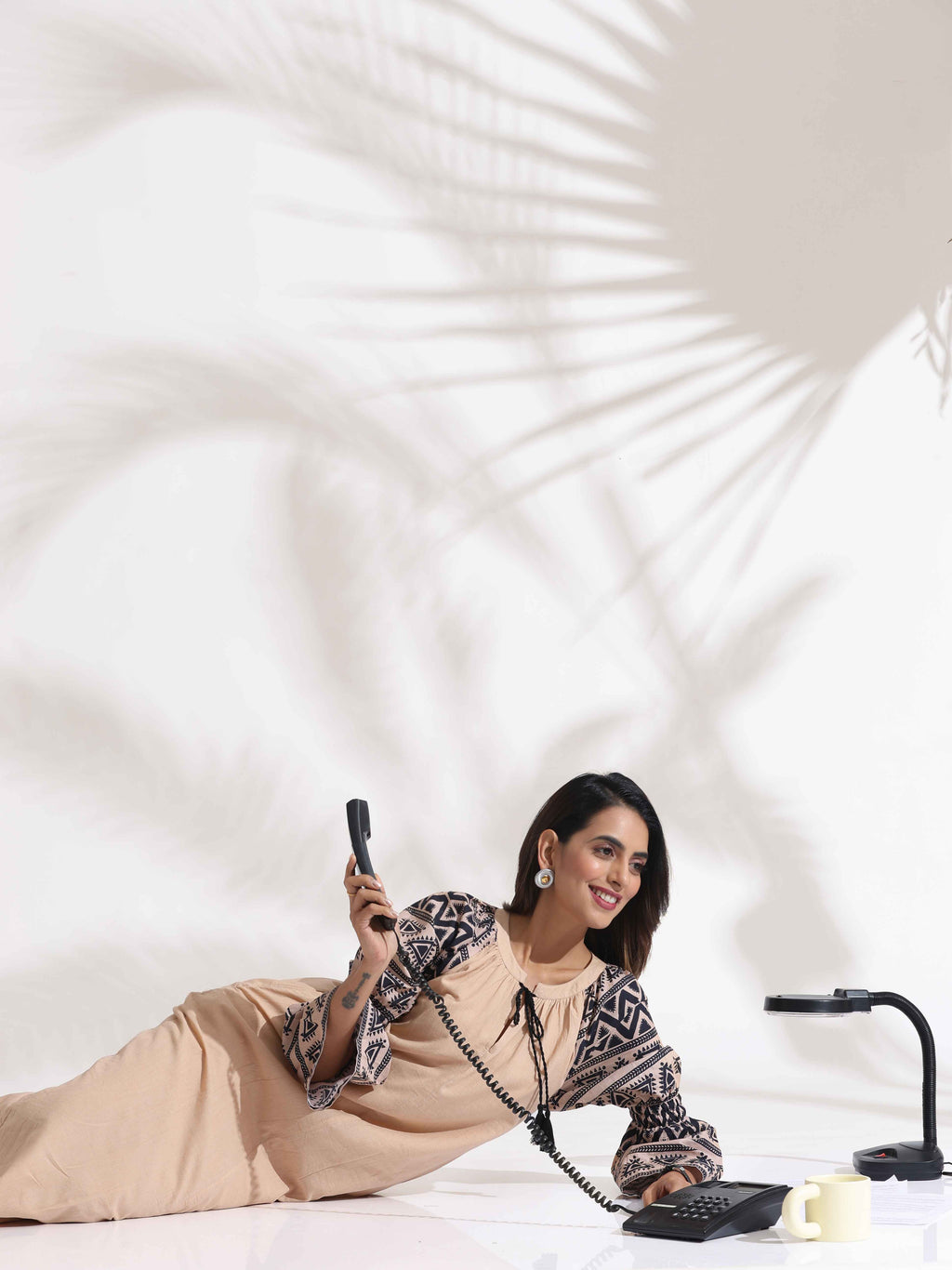 trueBrowns Beige Cotton Print Long Dress | Grocsy