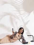 trueBrowns Beige Cotton Print Long Dress | Grocsy