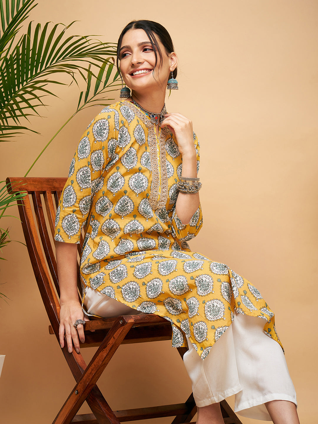 InWeave Women's Sunset Boota Print Gota Straight Kurta | Grocsy