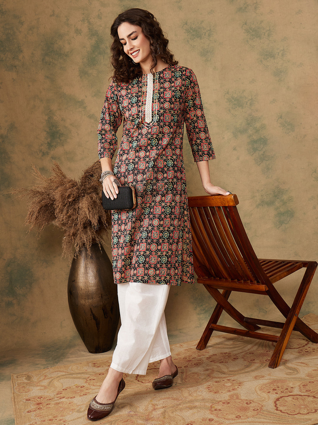 InWeave Women's Black Maroon Print Lace Gota Work Straight Kurta | Grocsy